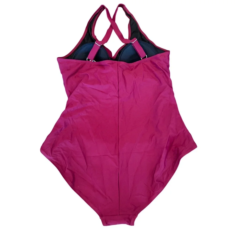 Halcurt Plus Size 1X One Piece Swimsuit Magenta Pink Ruched Tummy Control Retro